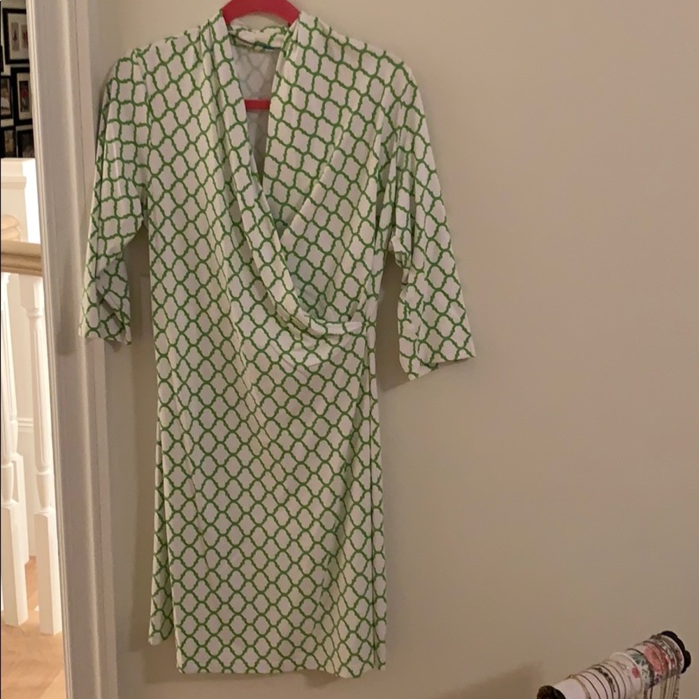 J.McLaughlin green and white faux wrap dress